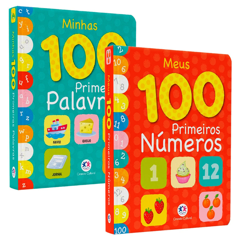 Kit de dois livros infantis coloridos, um sobre palavras e outro sobre números. — Plenitude