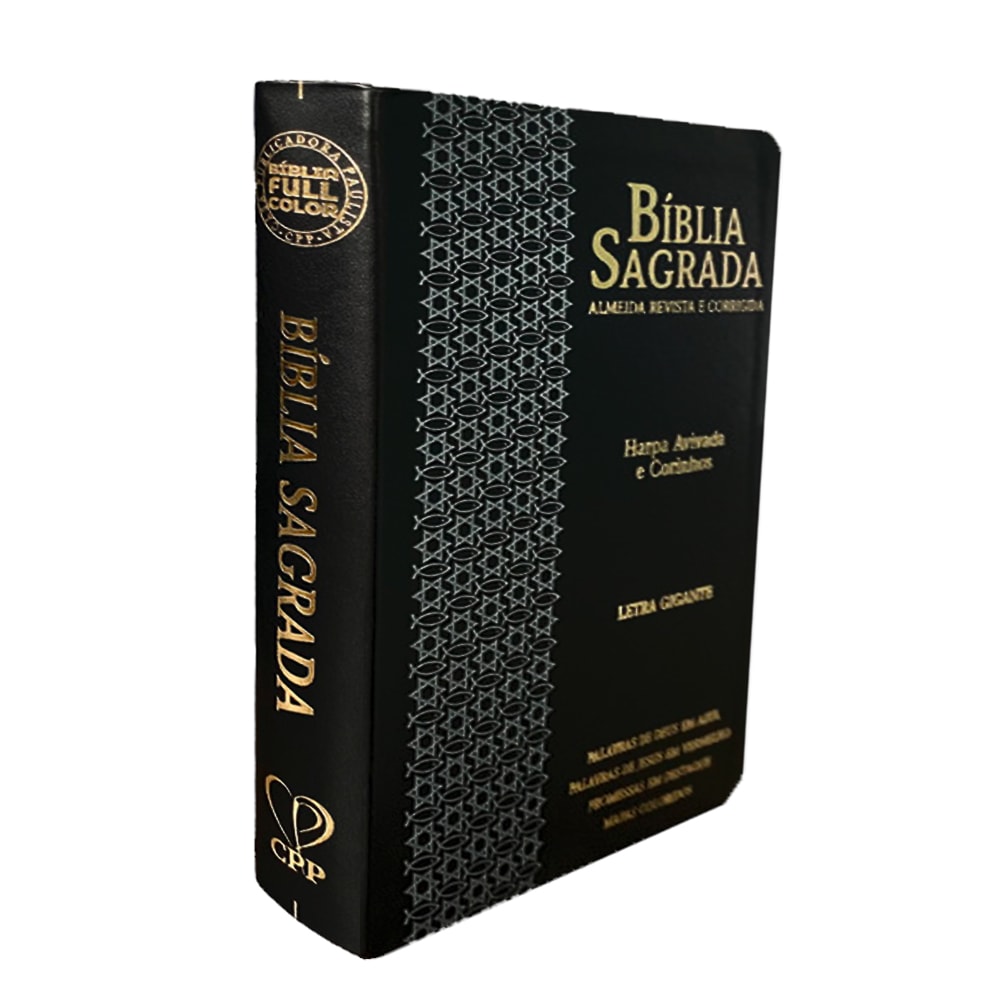 Bíblia Sagrada ARC Letra Gigante, Harpa Avivada, capa PU luxo preta com detalhes em estrela e peixe cinza. — Plenitude