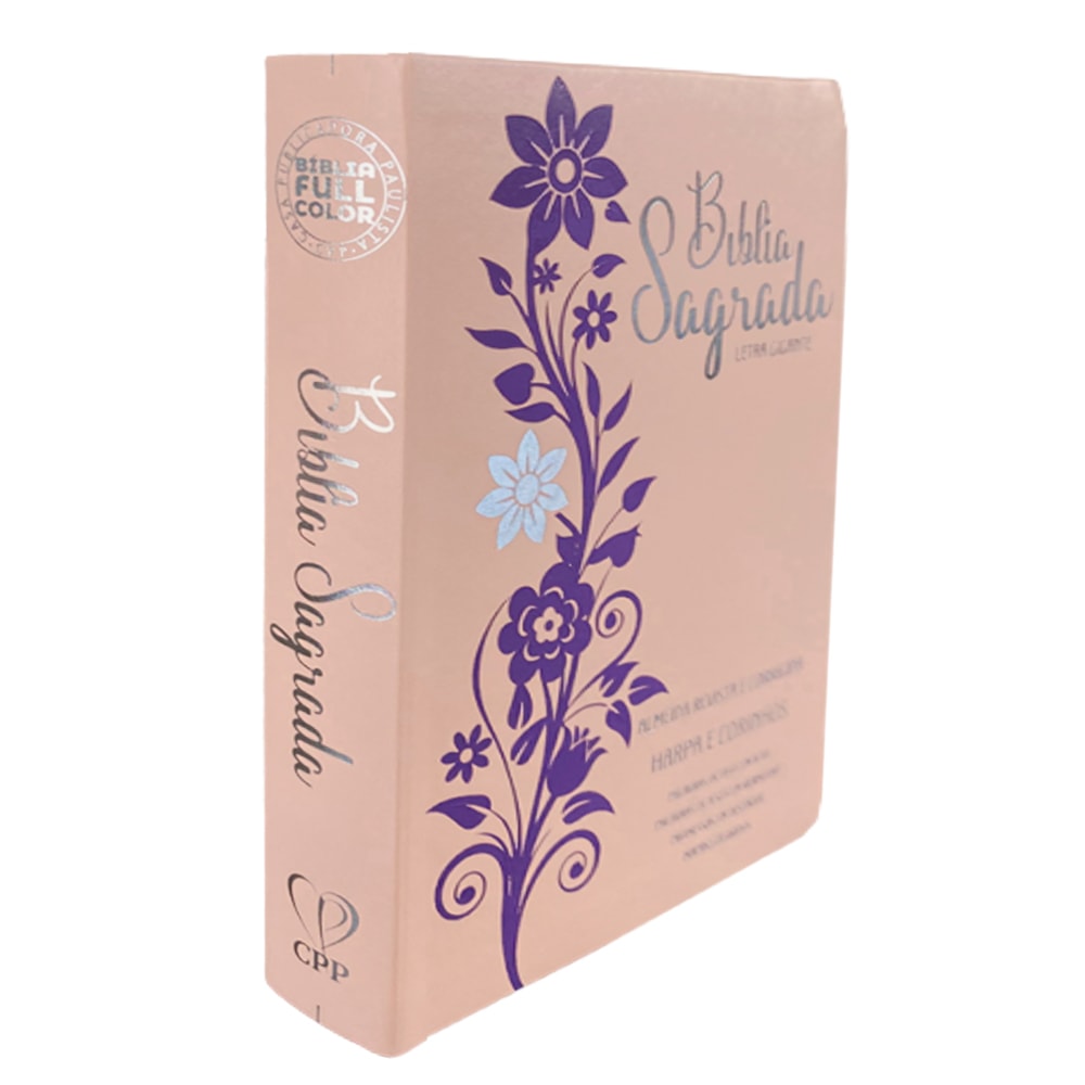 Bíblia Sagrada Letra Gigante ARC Harpa Avivada e Corinhos, capa PU Luxo rosê com detalhes florais lilás e azul. — Plenitude