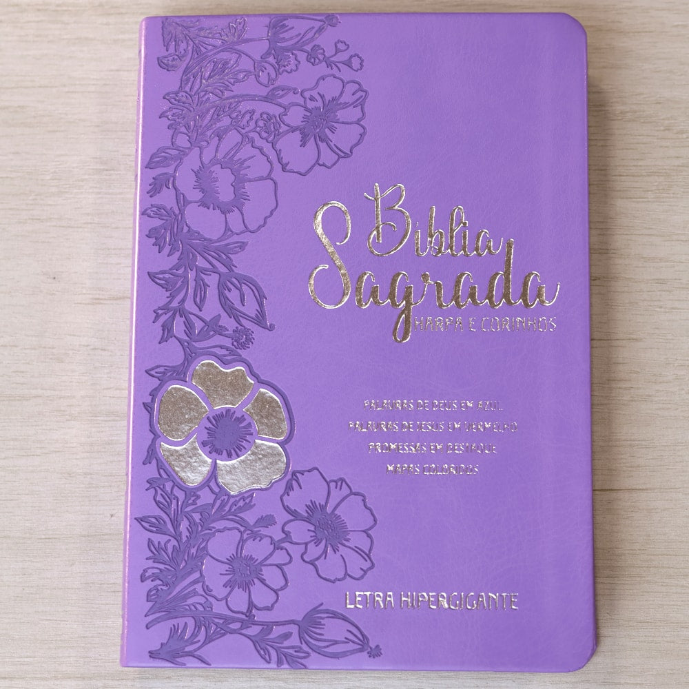 Bíblia Sagrada | Letra Hipergigante | ARC | Harpa Avivada e Corinhos | Capa PU Luxo Floral Dália Lilás