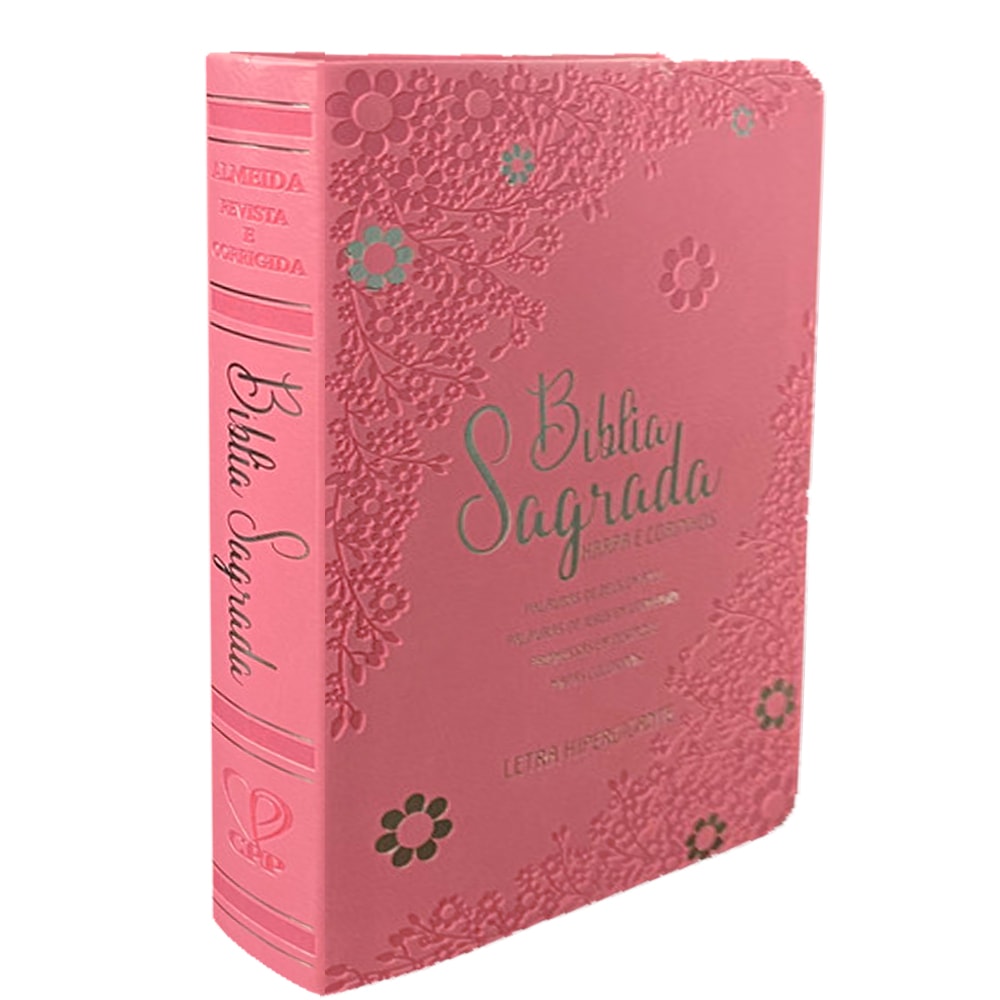 Bíblia Sagrada ARC, capa PU luxo floral rosa com baixo relevo, letra hipergigante e Harpa Avivada e Corinhos — Plenitude.