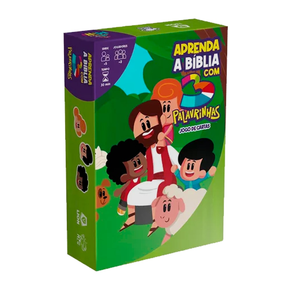 Jogo de cartas "Aprenda a Bíblia Com 3 Palavrinhas", caixa verde com personagens infantis. — Plenitude