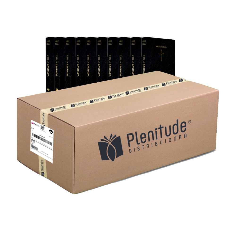 Caixa com 10 Bíblias ARC, Capa Brochura Pequena Salvos Pela Graça, preta, dentro de uma caixa de papelão. — Plenitude