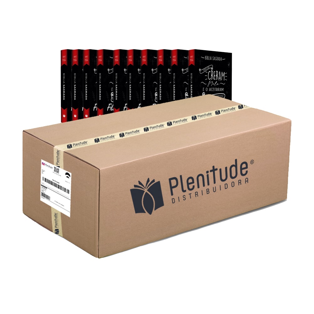 Caixa com 10 Bíblias ARC, Capa Brochura Pequena Creram Nele, preta, dentro de uma caixa de papelão. — Plenitude