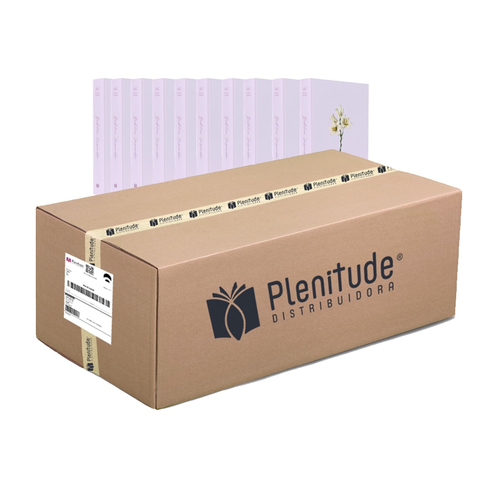Caixa com 10 Bíblias ARC, Capa Brochura Média Lírios, rosa, dentro de uma caixa de papelão. — Plenitude
