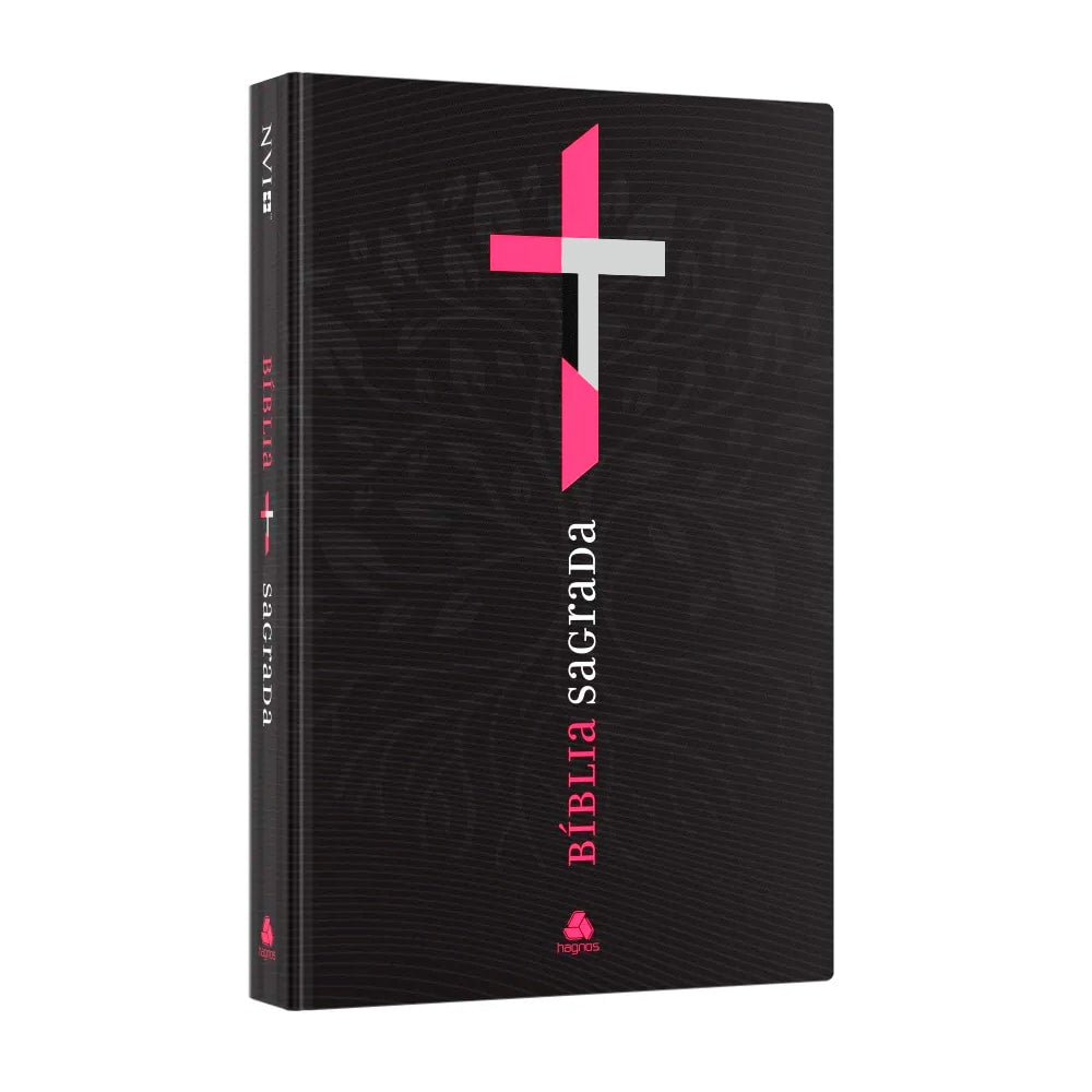 Bíblia Sagrada NVI capa dura preta com cruz rosa neon e detalhes em rosa, letra normal. — Plenitude