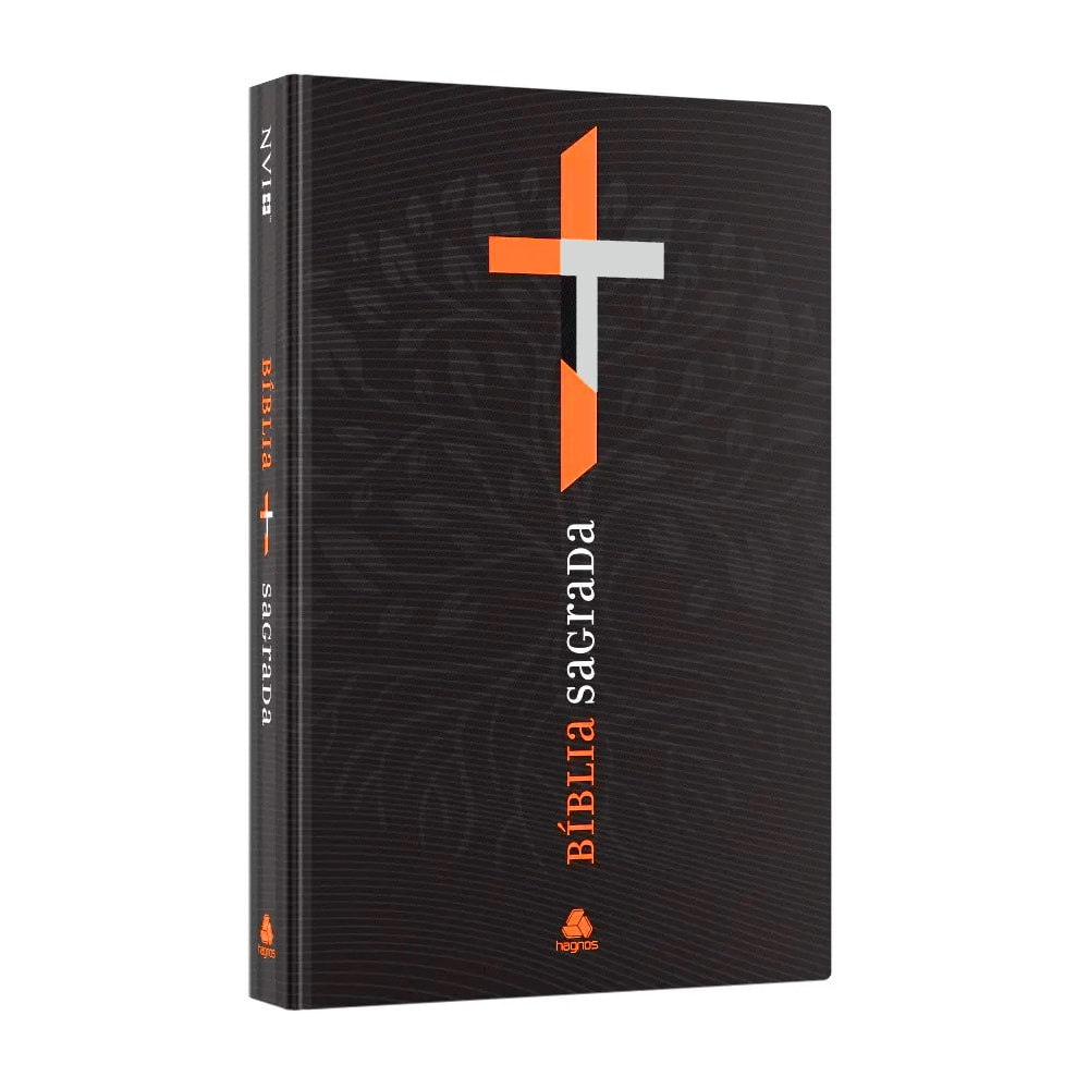 Bíblia Sagrada NVI capa dura preta com cruz laranja e branca, letras laranja. — Plenitude