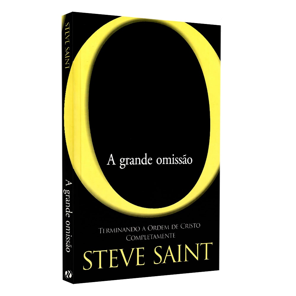 Livro A Grande Omissão de Steve Saint, capa preta com letra 'O' amarela. — Plenitude