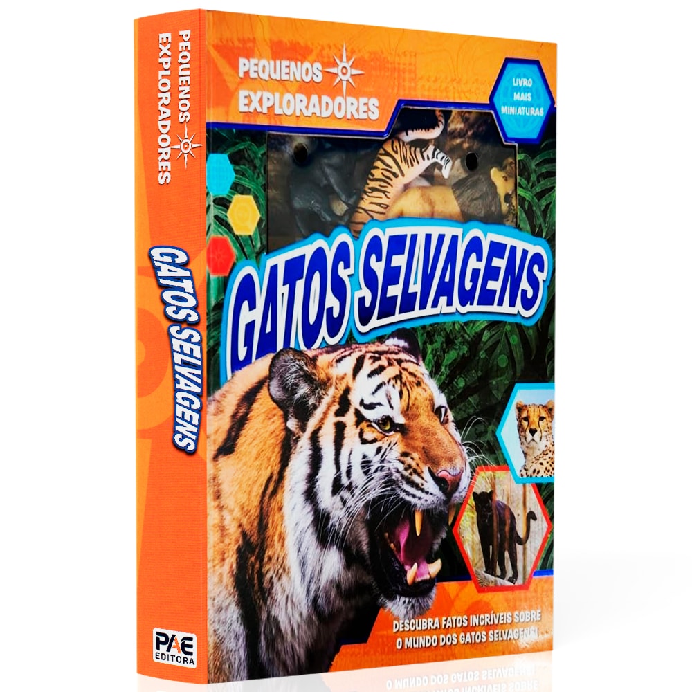 Livro Pequenos Exploradores, Gatos Selvagens, capa laranja com tigre e miniaturas de animais. — Plenitude