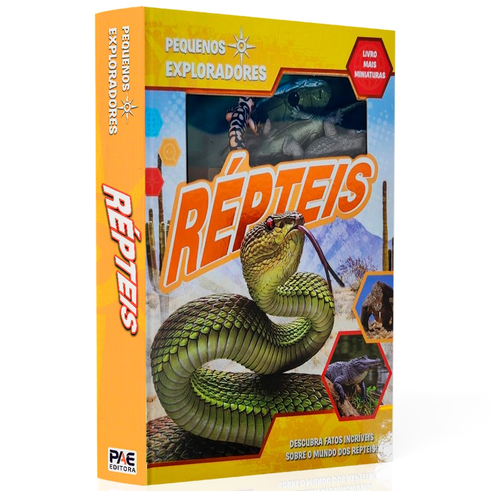 Livro Pequenos Exploradores, Répteis, capa laranja com cobra e miniaturas de répteis. — Plenitude