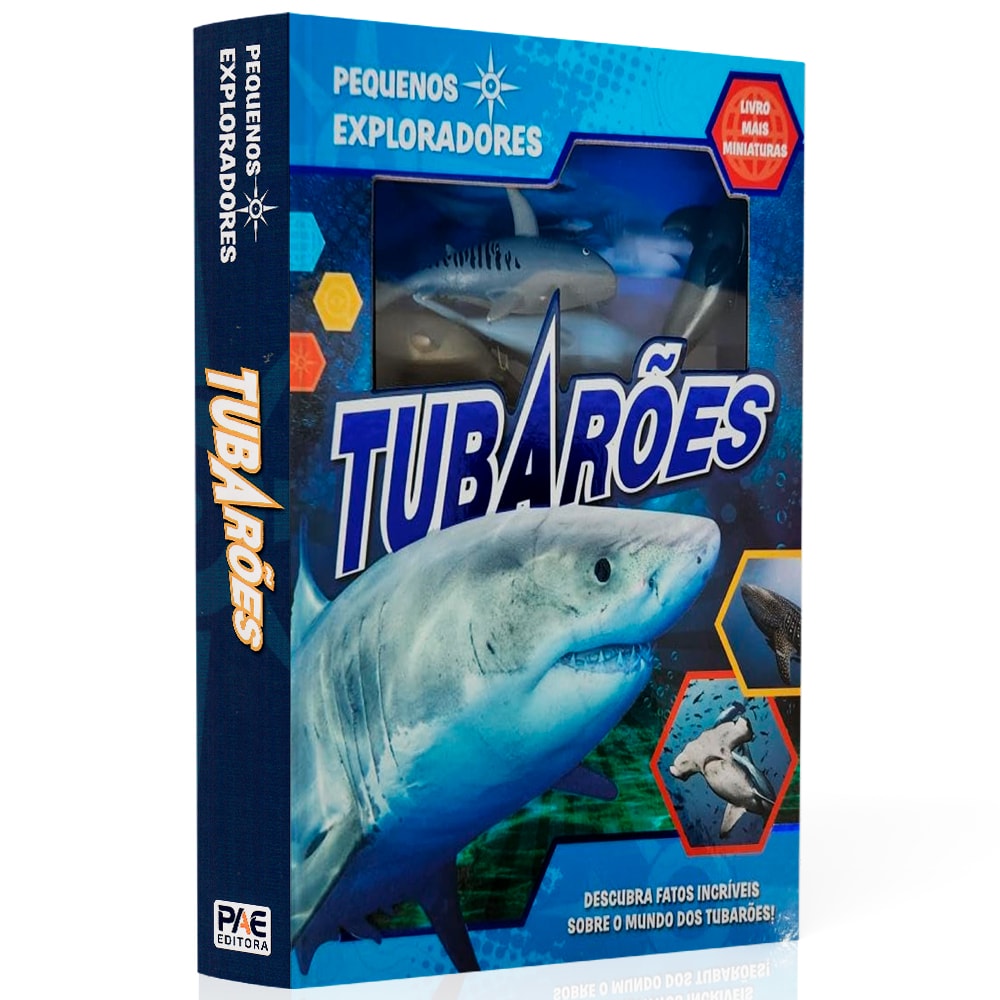 Livro Pequenos Exploradores, Tubarões, capa azul com tubarão e miniaturas de tubarões. — Plenitude