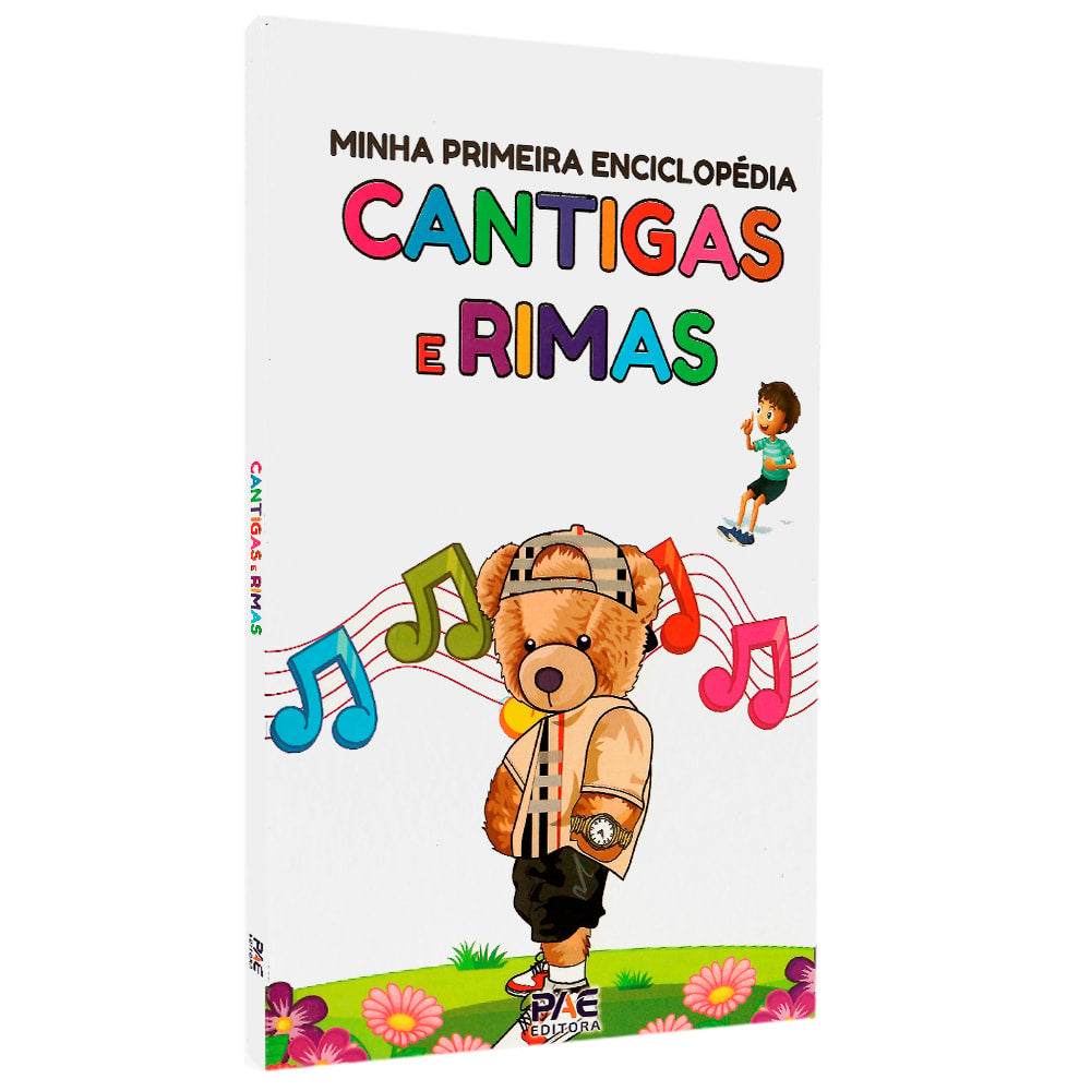 Livro Minha Primeira Enciclopédia Bilíngue, Cantigas e Rimas, capa branca com urso e notas musicais. — Plenitude