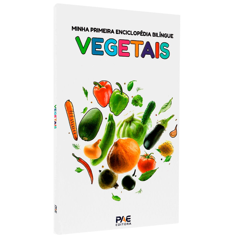 Minha Primeira Enciclopédia Bilíngue Vegetais, capa branca com diversos vegetais coloridos — Plenitude