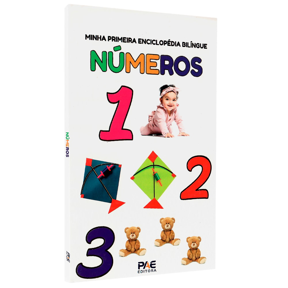 Livro Minha Primeira Enciclopédia Bilíngue, Números, capa branca com números 1, 2, 3 e bebê. — Plenitude