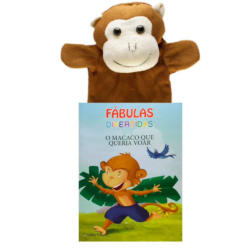 Livro Fábulas Divertidas O Macaco Que Queria Voar, com fantoche de macaco marrom e capa ilustrada. — Plenitude
