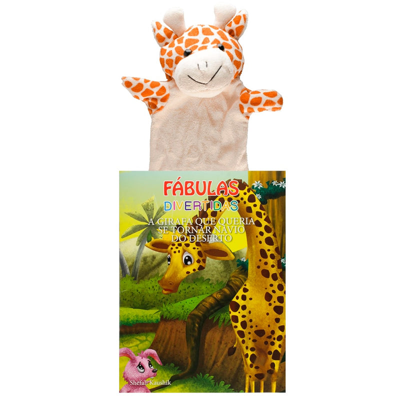 Livro Fábulas Divertidas A Girafa Que Queria Se Tornar Navio do Deserto, com fantoche de girafa e capa ilustrada. — Plenitude