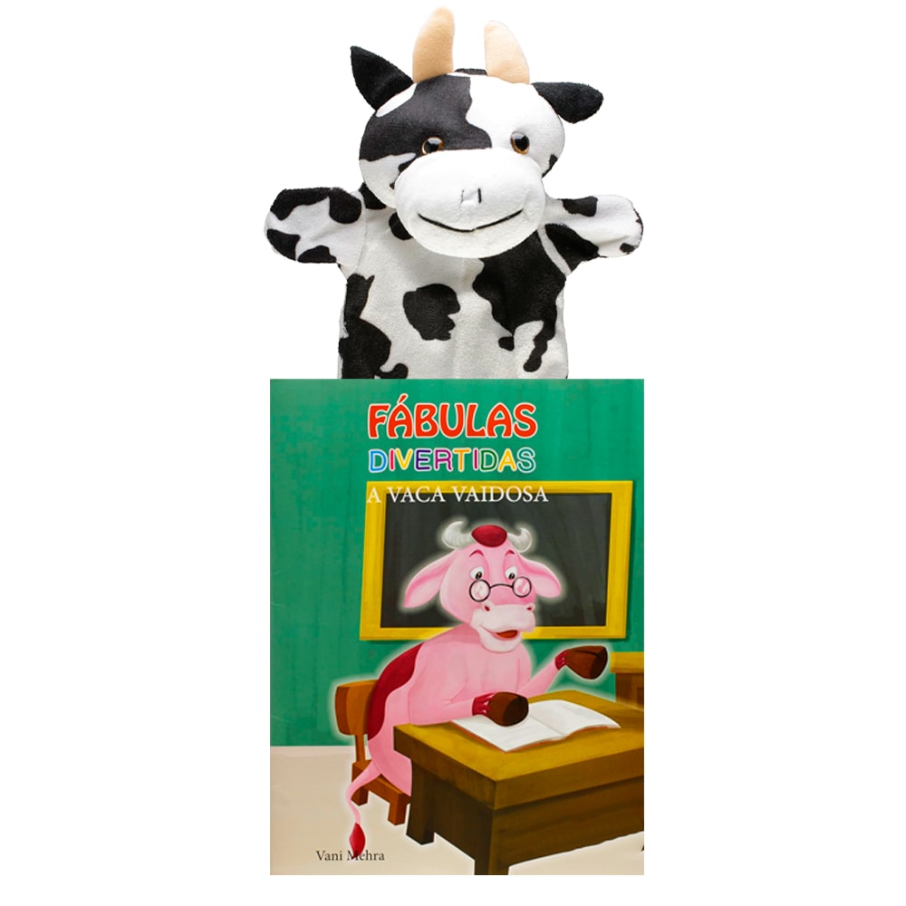 Livro "Fábulas Divertidas A Vaca Vaidosa" com fantoche de vaca preta e branca. — Plenitude
