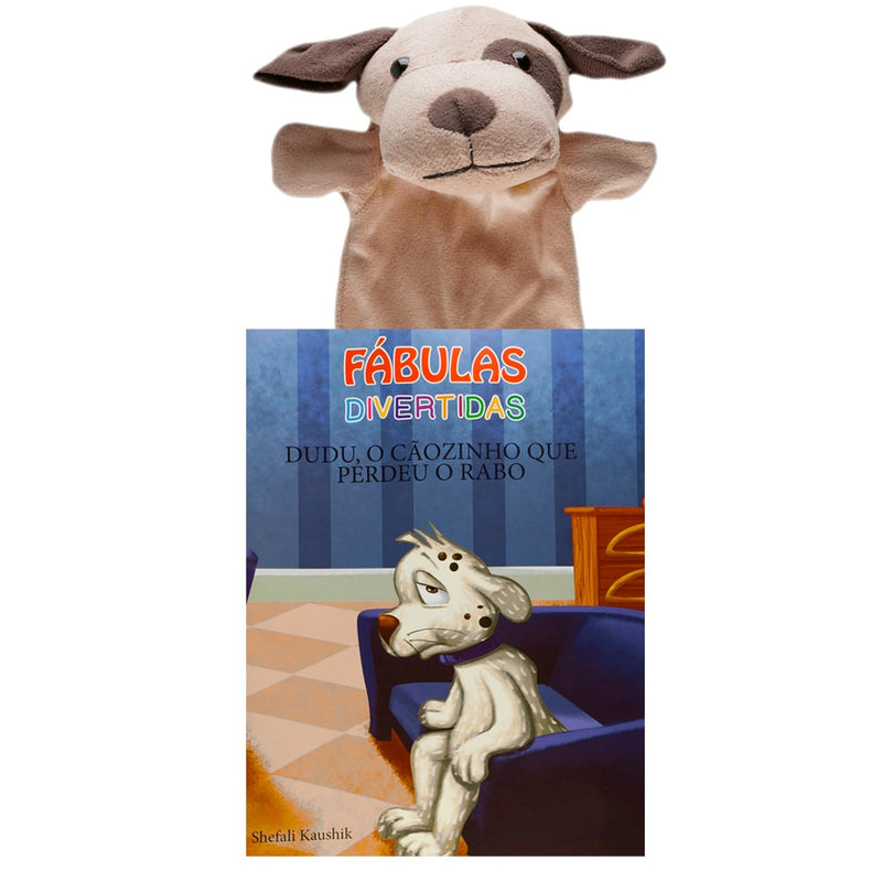 Livro Fábulas Divertidas Dudu, o Cãozinho Que Perdeu o Rabo, com fantoche de cachorro e capa ilustrada. — Plenitude