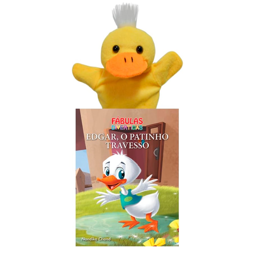 Livro infantil Fábulas Divertidas, Edgar, O Patinho Travesso, com fantoche de pato amarelo. — Plenitude