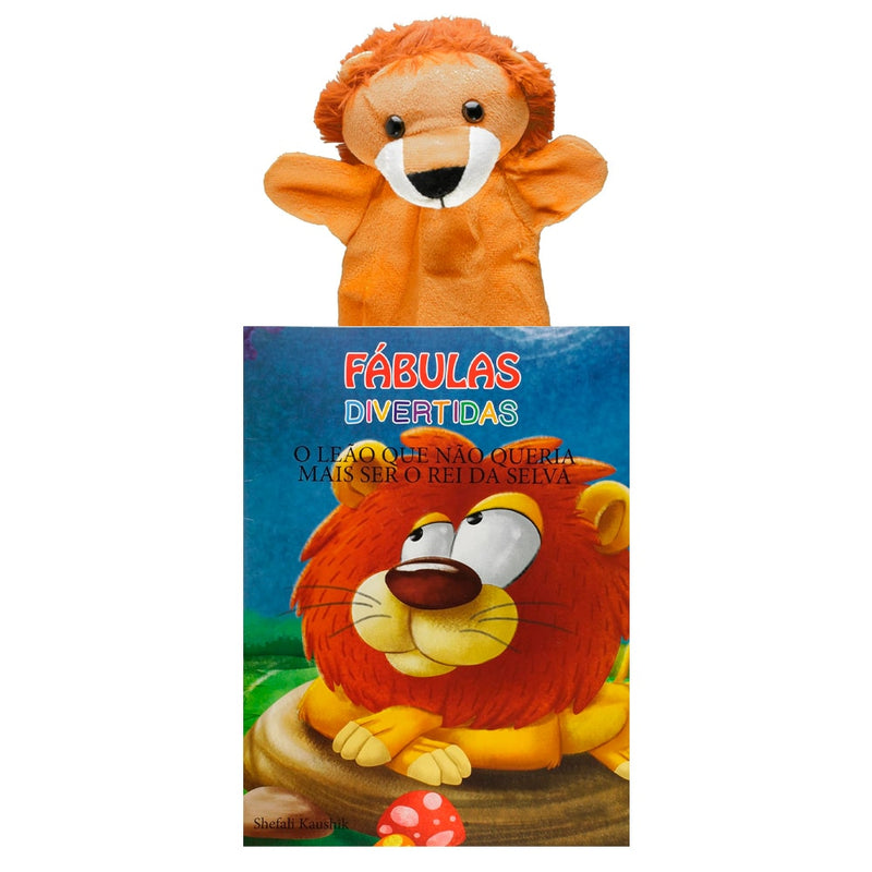 Livro infantil Fábulas Divertidas, O Leão Não Queria Ser o Rei da Selva, com fantoche de leão laranja. — Plenitude