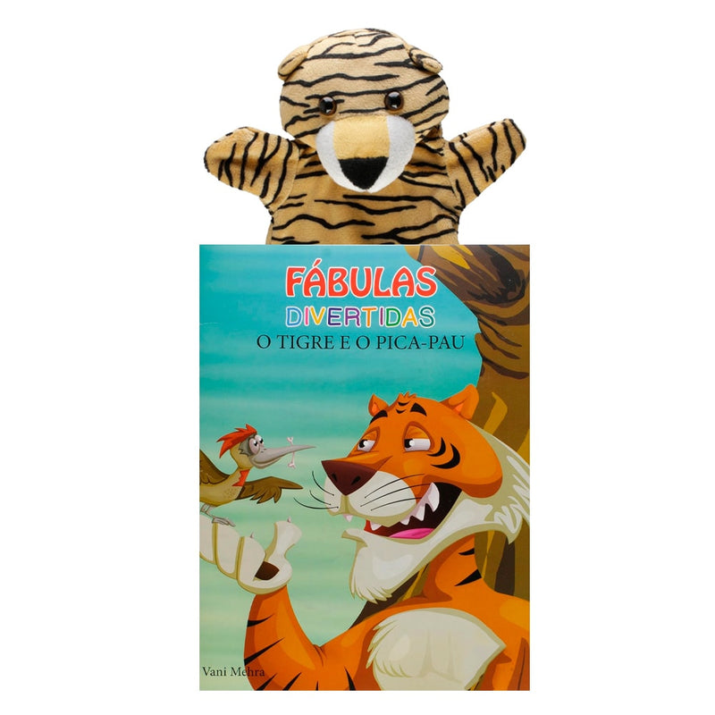 Livro infantil Fábulas Divertidas, O Tigre e o Pica-Pau, com fantoche de tigre listrado. — Plenitude