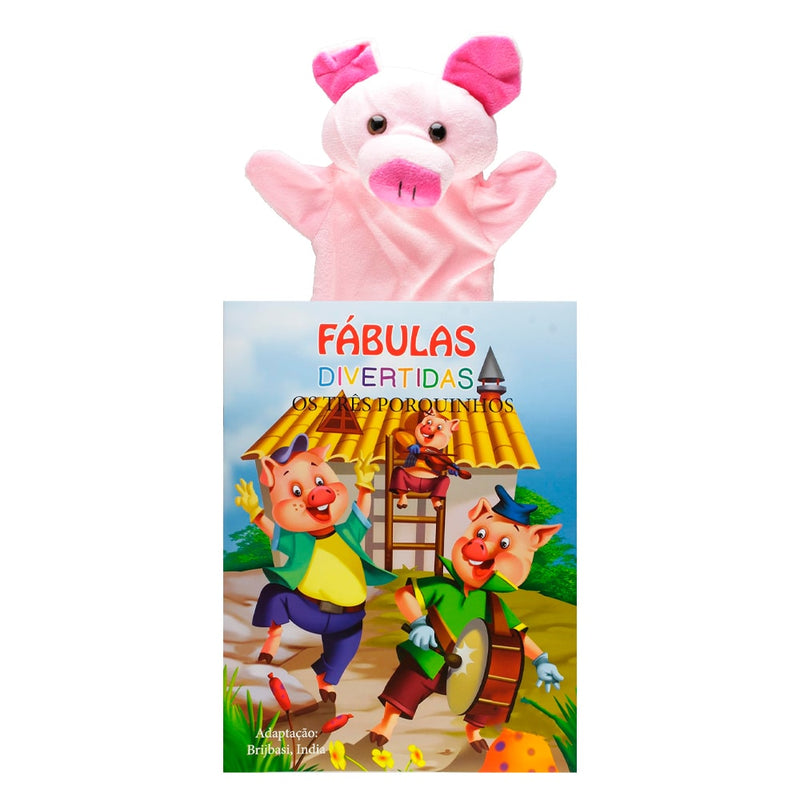 Livro infantil Fábulas Divertidas, Os Três Porquinhos, com fantoche de porco rosa. — Plenitude