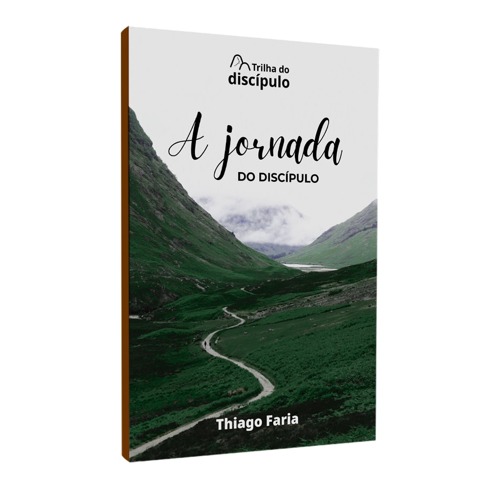 Livro A Jornada do Discípulo de Thiago Faria, capa branca com estrada em vale verde. — Plenitude