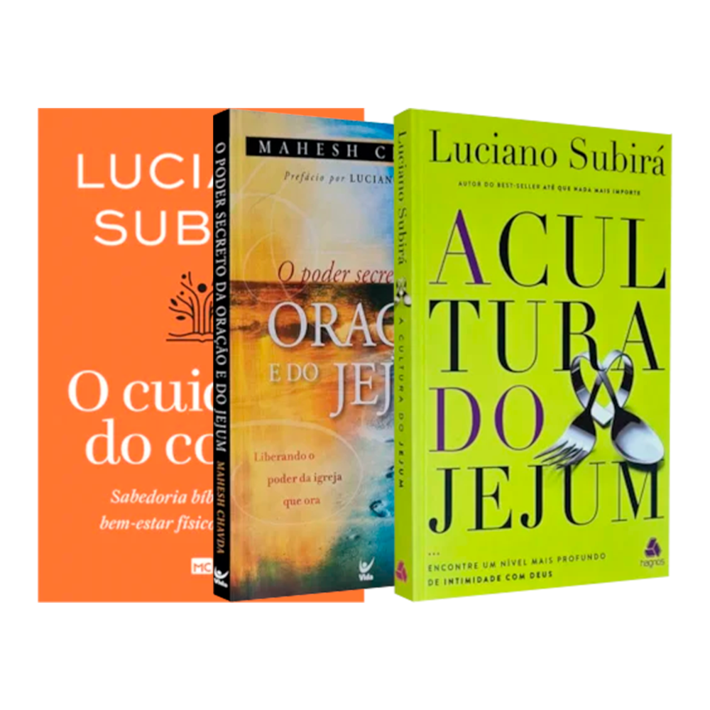 Kit Vida de Consagração, 3 livros de Luciano Subirá e Mahesh Chavda, capas em laranja e verde. — Plenitude