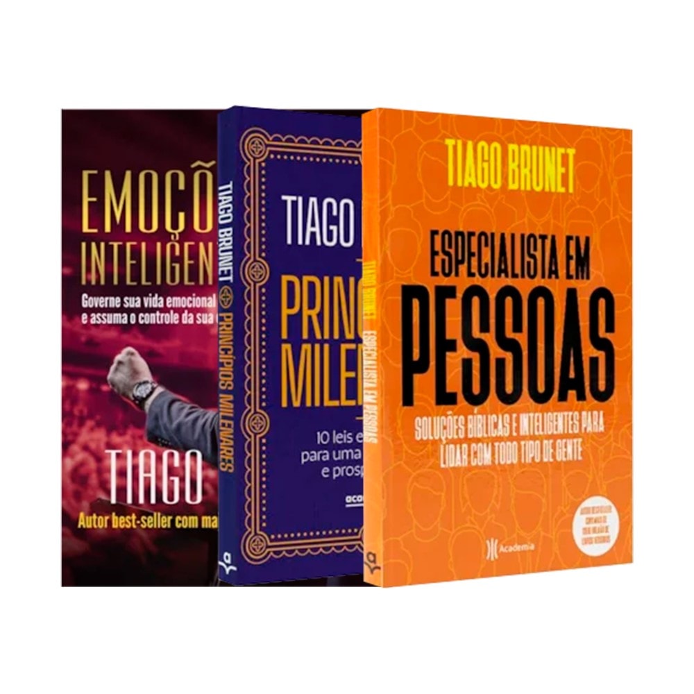 Kit Sabedoria e Crescimento, 3 livros de Tiago Brunet, capas coloridas em vermelho, azul e laranja. — Plenitude