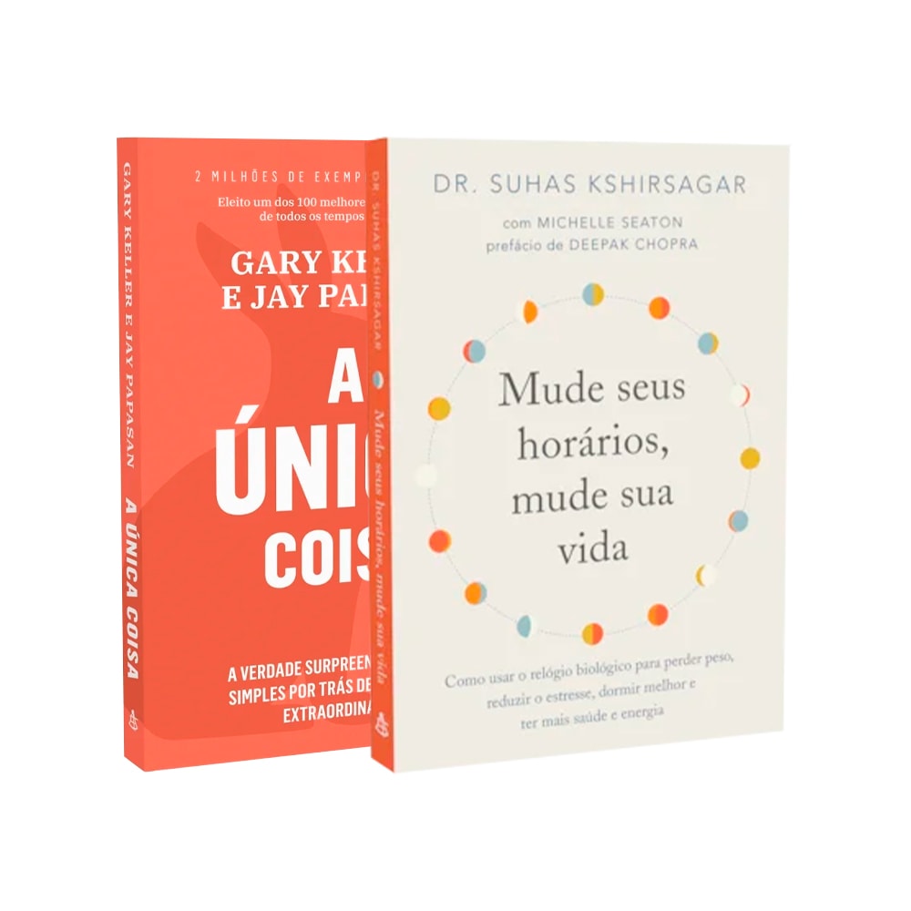 Kit Produtividade e Alta Performance, 2 livros com capas em tons de laranja e branco, sobre foco e mudança de horários. — Plenitude