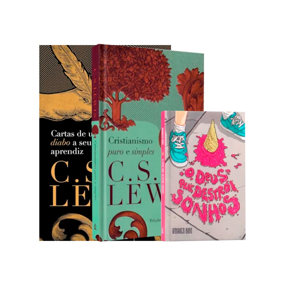 Kit Reflexões Cristãs, 3 livros de C.S. Lewis e Rodrigo Bibo, capas em tons escuros e coloridos. — Plenitude