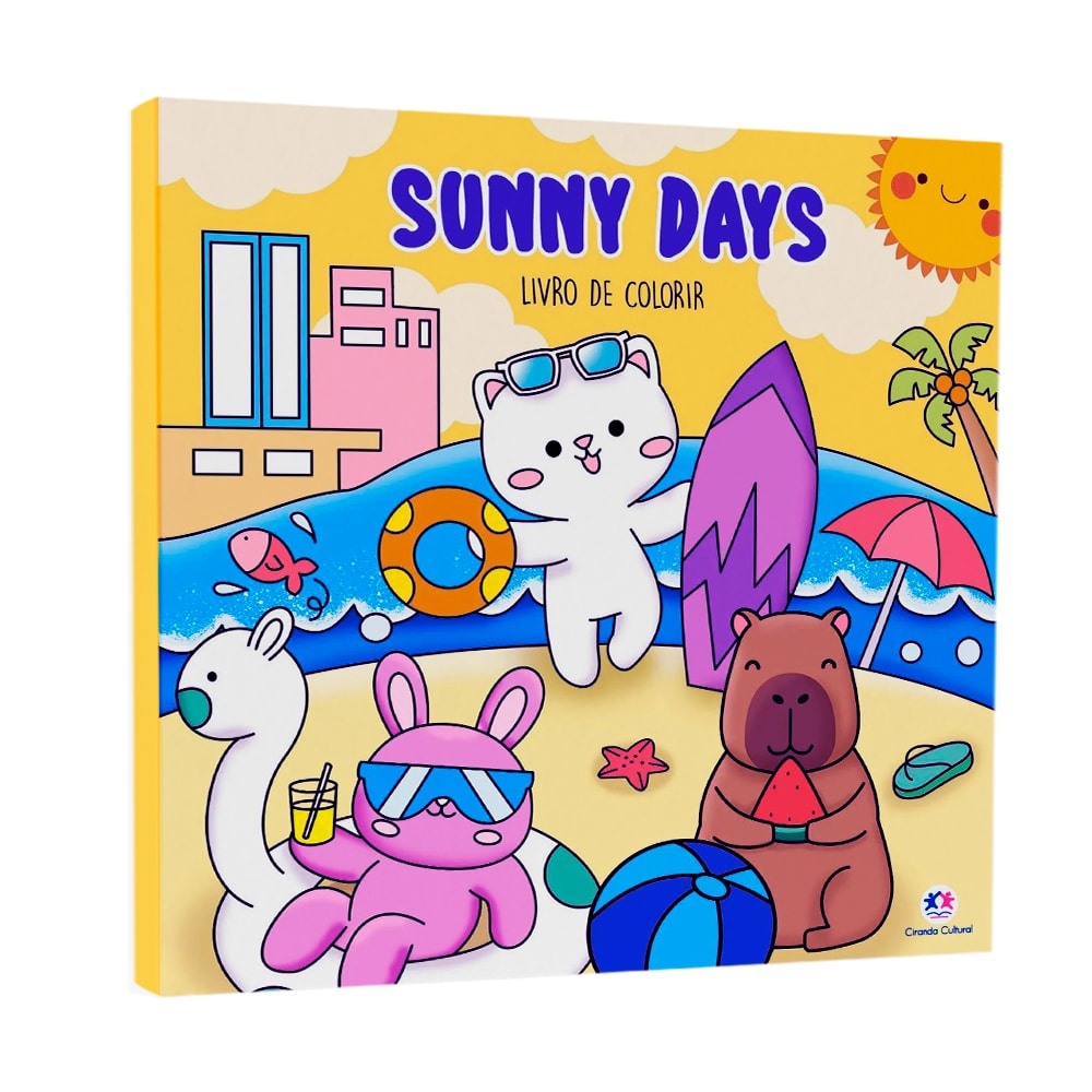 Livro de Colorir Sunny Days com capa ilustrada de animais fofos na praia. — Plenitude