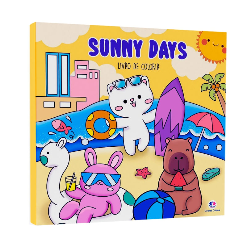 Livro de Colorir Sunny Days com capa ilustrada de animais fofos na praia. — Plenitude