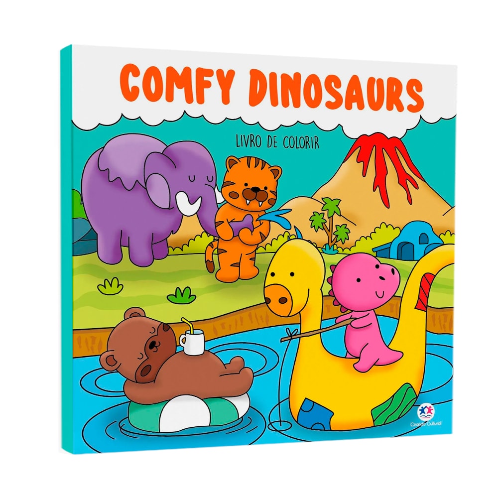 Livro de Colorir Comfy Dinosaurs com capa ilustrada de dinossauros e animais pré-históricos coloridos. — Plenitude