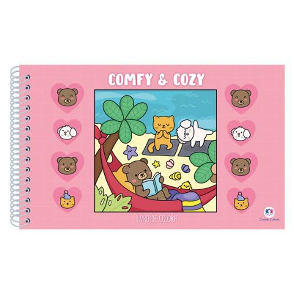 Livro de Colorir Comfy & Cozy Pink, capa rosa com espiral, ilustrações de animais fofos na praia. — Plenitude