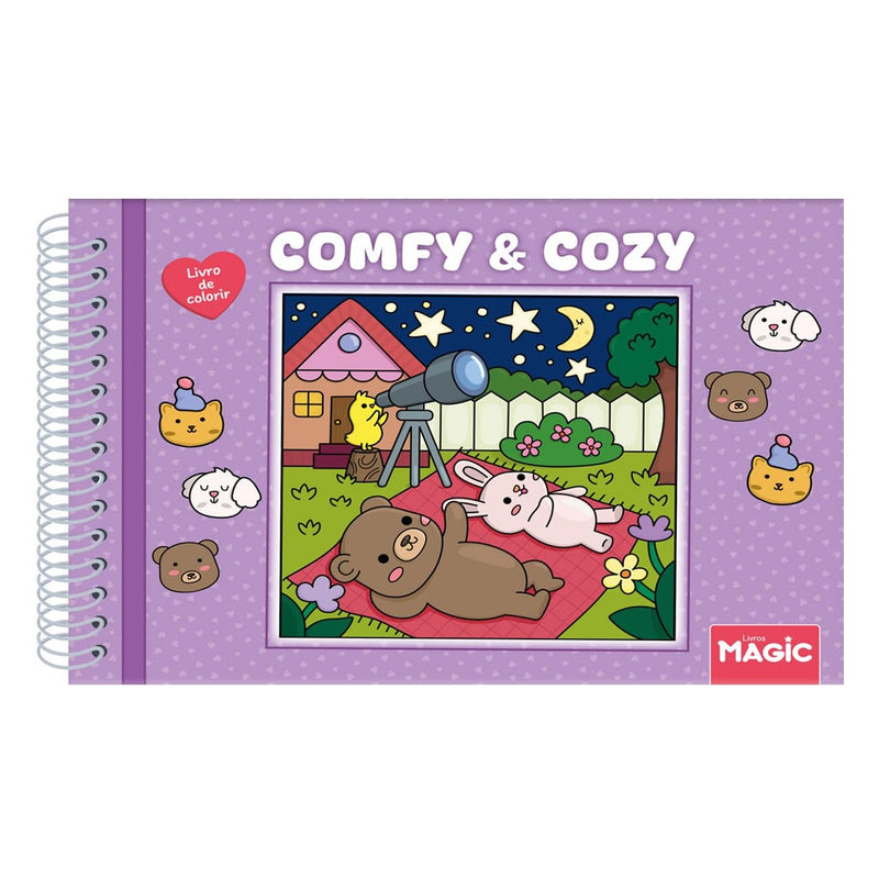 Livro de colorir Comfy e Cozy, capa dura lilás com espiral, ilustrações de animais e cenário noturno. — Plenitude