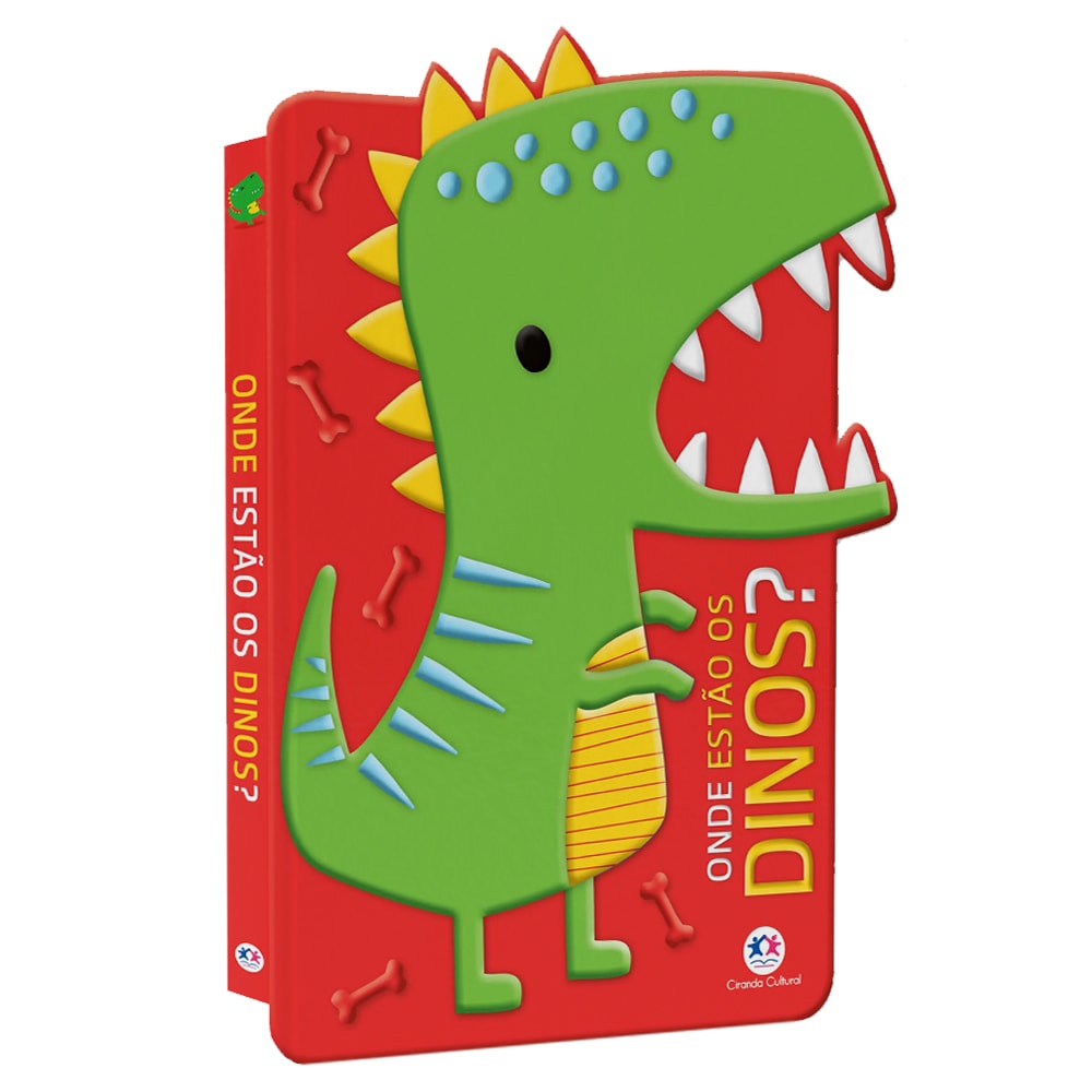 Livro infantil, "Onde Estão os Dinos?", capa dura vermelha com dinossauro verde em relevo. — Plenitude