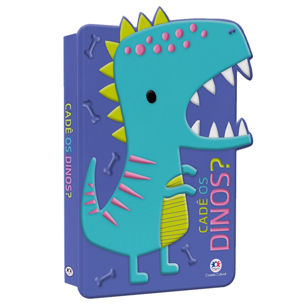 Livro infantil, "Cadê os Dinos?", capa dura azul com dinossauro azul em relevo. — Plenitude