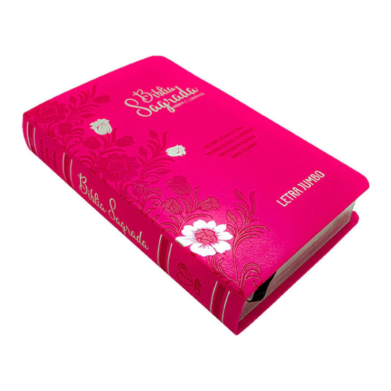 Bíblia Sagrada Letra Jumbo | ARC | Harpa Avivada e Corinhos | Capa PU Luxo Floral Pink