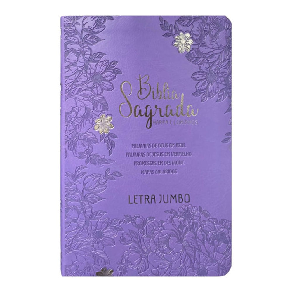 Bíblia Sagrada ARC Letra Jumbo, capa lilás com estampa floral em relevo e detalhes dourados, com Harpa e Corinhos — Plenitude