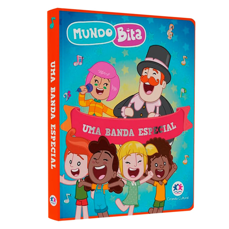 Livro Mundo Bita Uma Banda Especial, capa dura azul com personagens do Mundo Bita cantando. — Plenitude