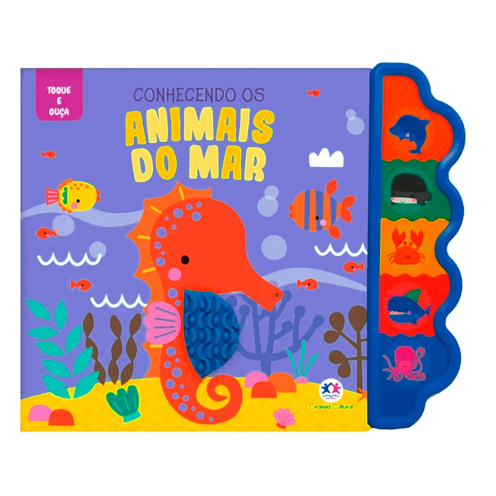 Livro interativo Toque e Ouça Conhecendo os Animais do Mar, capa roxa com cavalo-marinho e abas laterais. — Plenitude