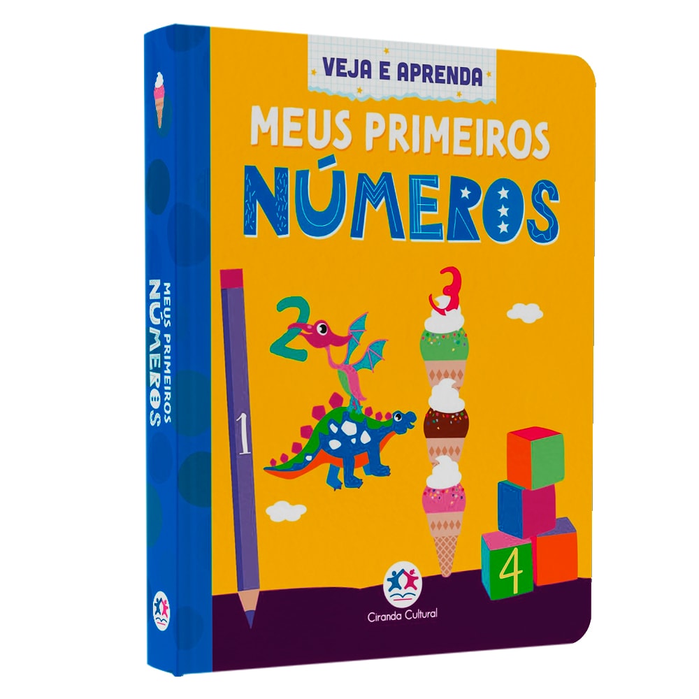 Livro Veja e Aprenda Meus Primeiros Números, capa amarela com dragão, sorvetes e blocos. — Plenitude