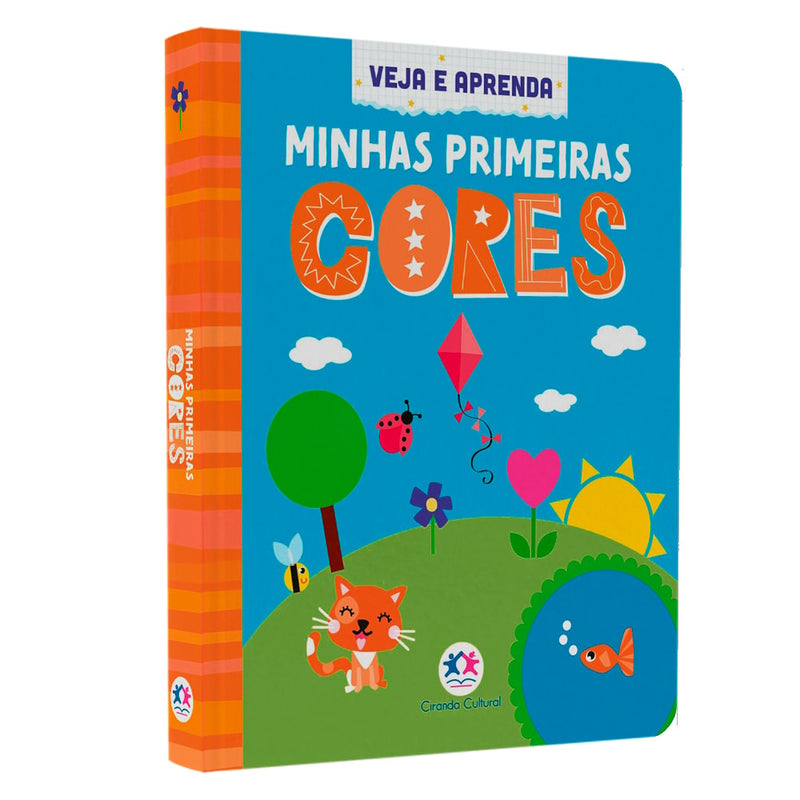 Livro infantil, "Minhas Primeiras Cores", capa dura azul com ilustrações coloridas. — Plenitude