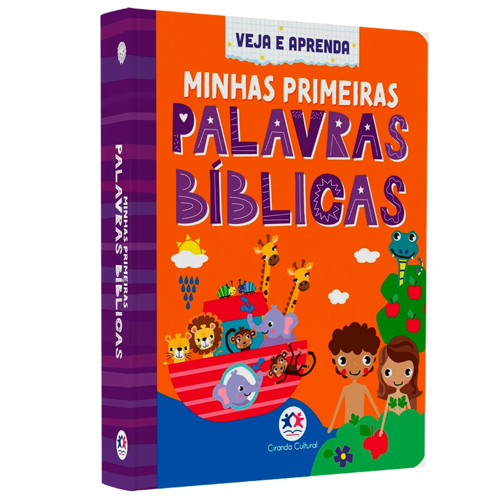Livro infantil "Veja e Aprenda | Minhas Primeiras Palavras Bíblicas", capa dura laranja com arca de Noé e personagens bíblicos. — Plenitude