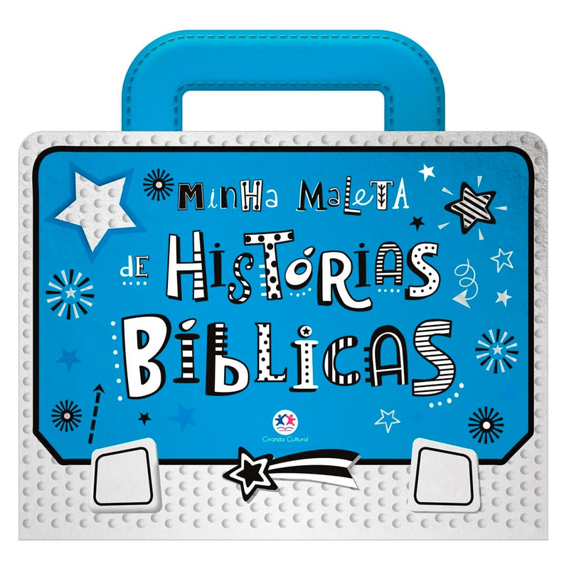 Livro Minha Maleta de Histórias Bíblicas, capa azul e branca com alça, estrelas e letras divertidas. — Plenitude