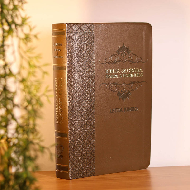 Bíblia Sagrada | Letra Jumbo | ARC | Harpa Avivada e Corinhos | Capa PU Luxo Arabesco Marrom