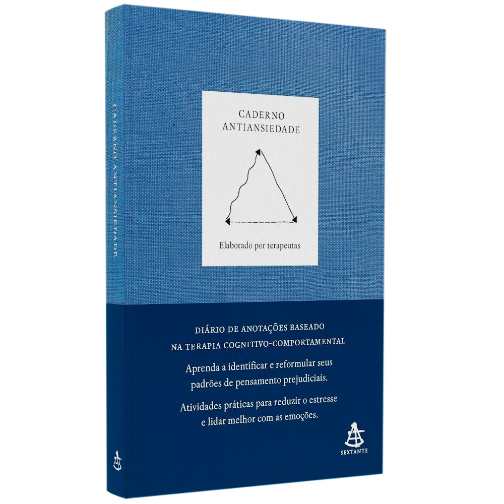 Caderno Antiansiedade, capa azul com um triângulo e texto em preto. — Plenitude