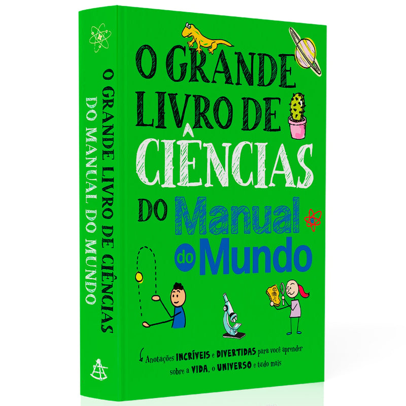 Livro O Grande Livro de Ciências do Manual do Mundo, capa verde com ilustrações científicas. — Plenitude