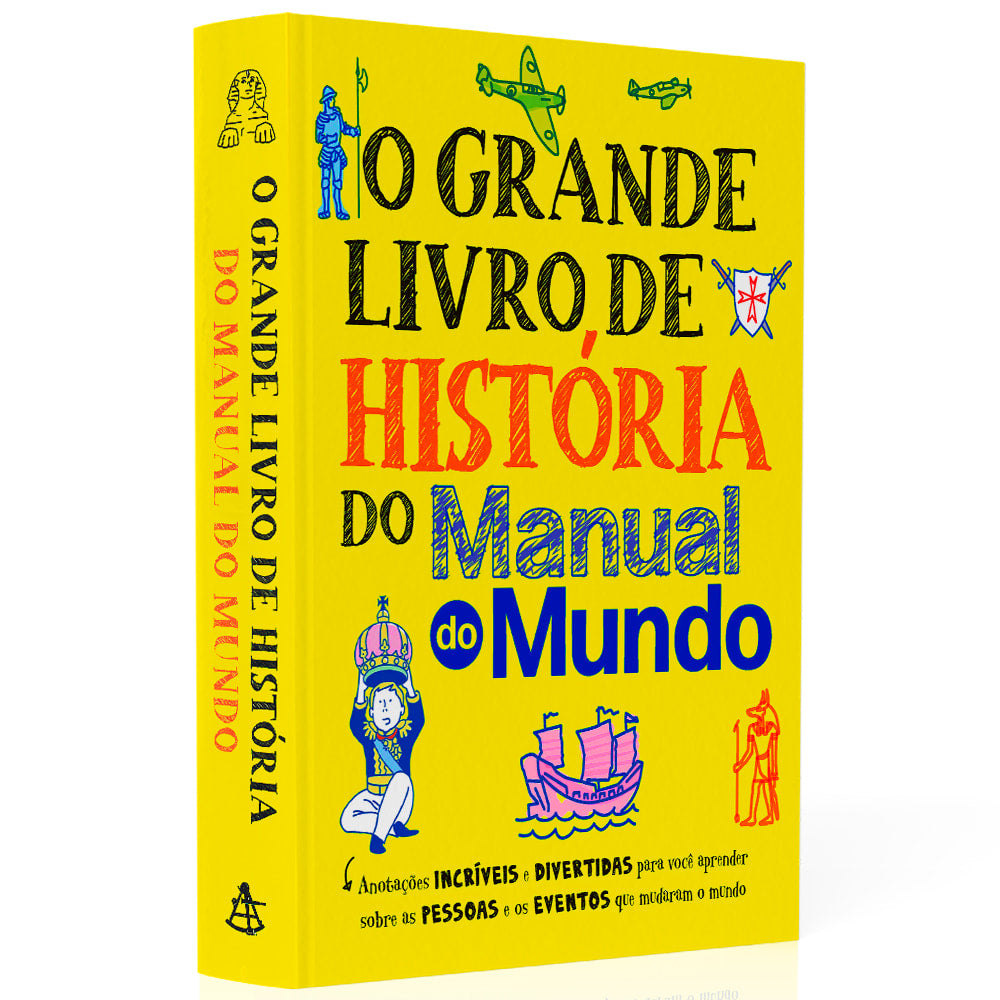 Livro O Grande Livro de História do Manual do Mundo, capa amarela com ilustrações históricas. — Plenitude